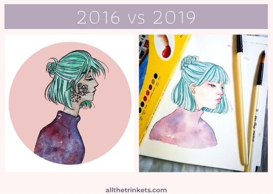 Two pictures of two girls both with short turquoise hair, the half up styled in  a mini bun. She is wearing a purple galaxy turtleneck. A white text above on a plum rectangle says, "2016 vs 2019." Image linked to related Instagram post.
