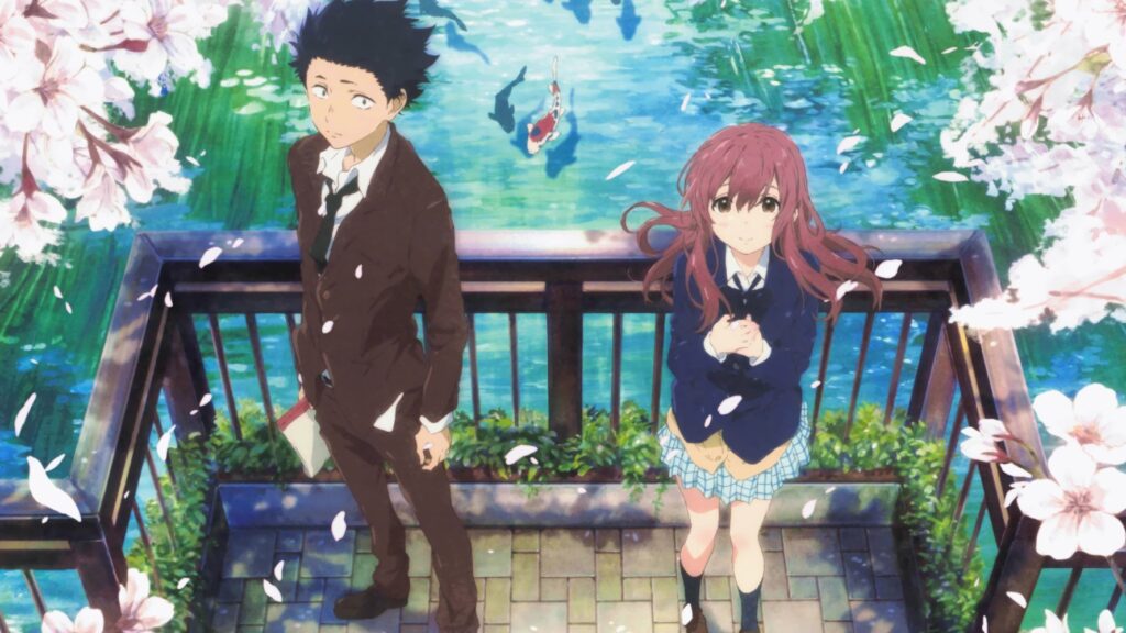anime, a highschooler boy and girl standing on a bridge
