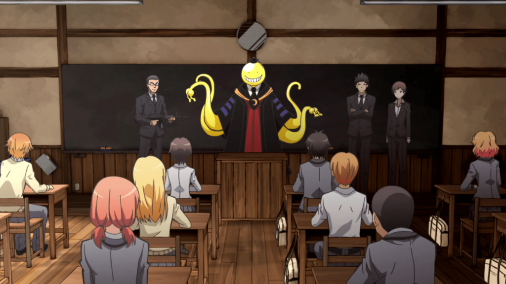 a classroom with a yellow creature in front
