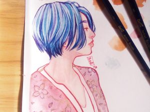 painting of a blue haired girl wearing a long pixie hair cut