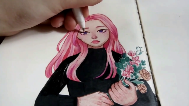 watercolor mixed media portrait of a girl with pink hair and holding flowers