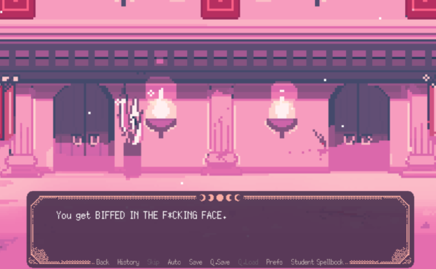 pink pixelated flat illustration of a combat arena, two pink flames in the middle of a symmetrical frame shot. A text box on the lower third of the screen reads, "You get BIFFED IN THE F*CKING FACE."